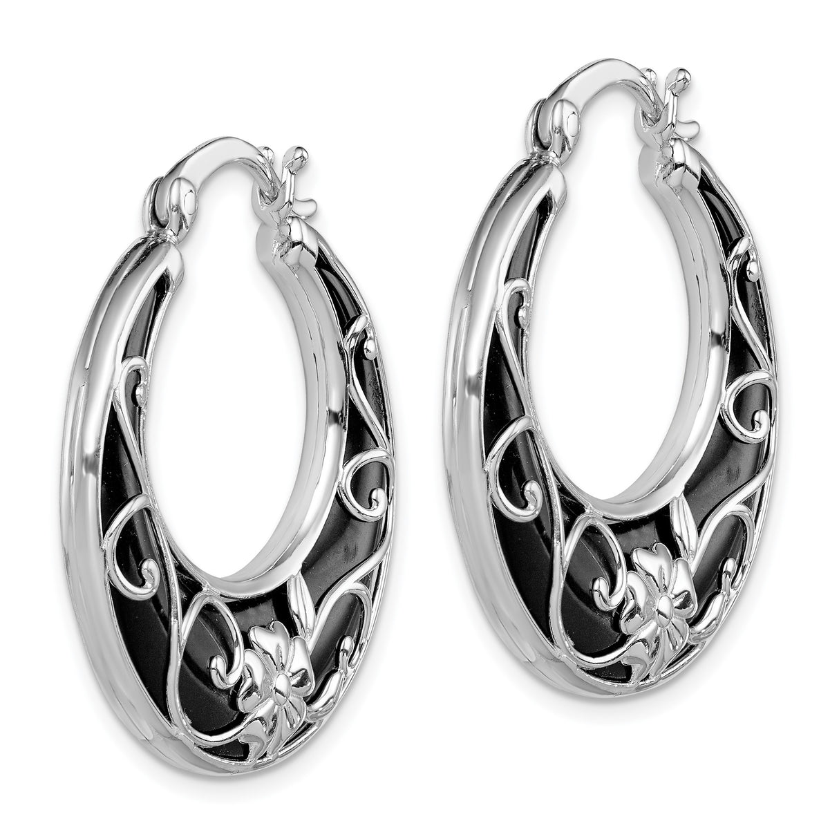 Sterling Silver Hoop Earrings with Onyx, Floral Filigree Design, Boho Style for Women