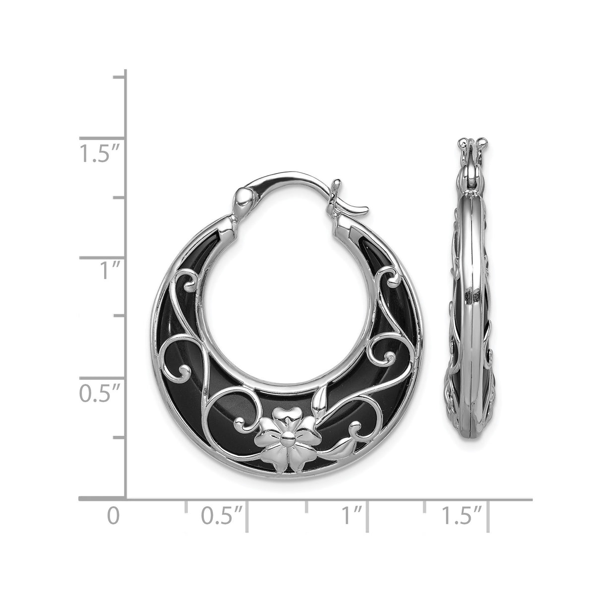 Sterling Silver Hoop Earrings with Onyx, Floral Filigree Design, Boho Style for Women