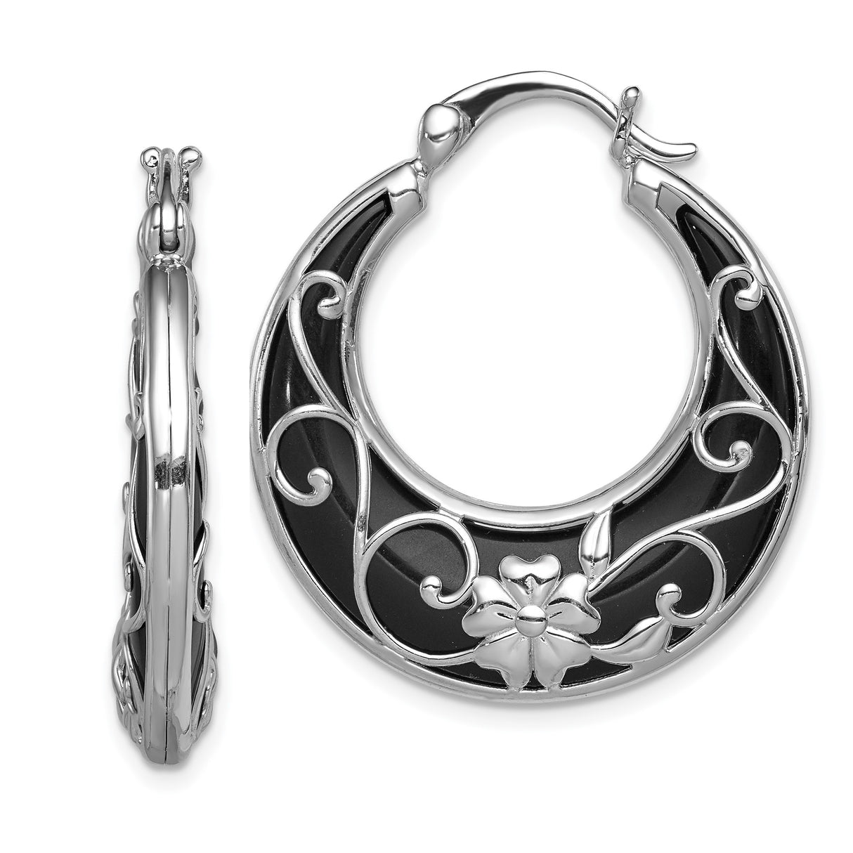 Sterling Silver Hoop Earrings with Onyx, Floral Filigree Design, Boho Style for Women