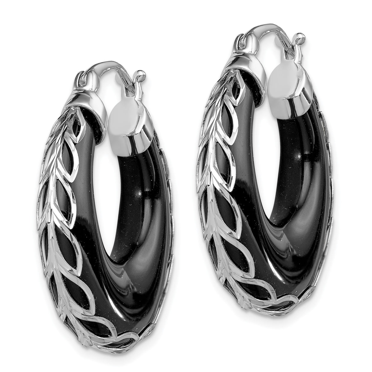 Sterling Silver Hoop Earrings with Onyx Inlay and Leaf Overlay Design