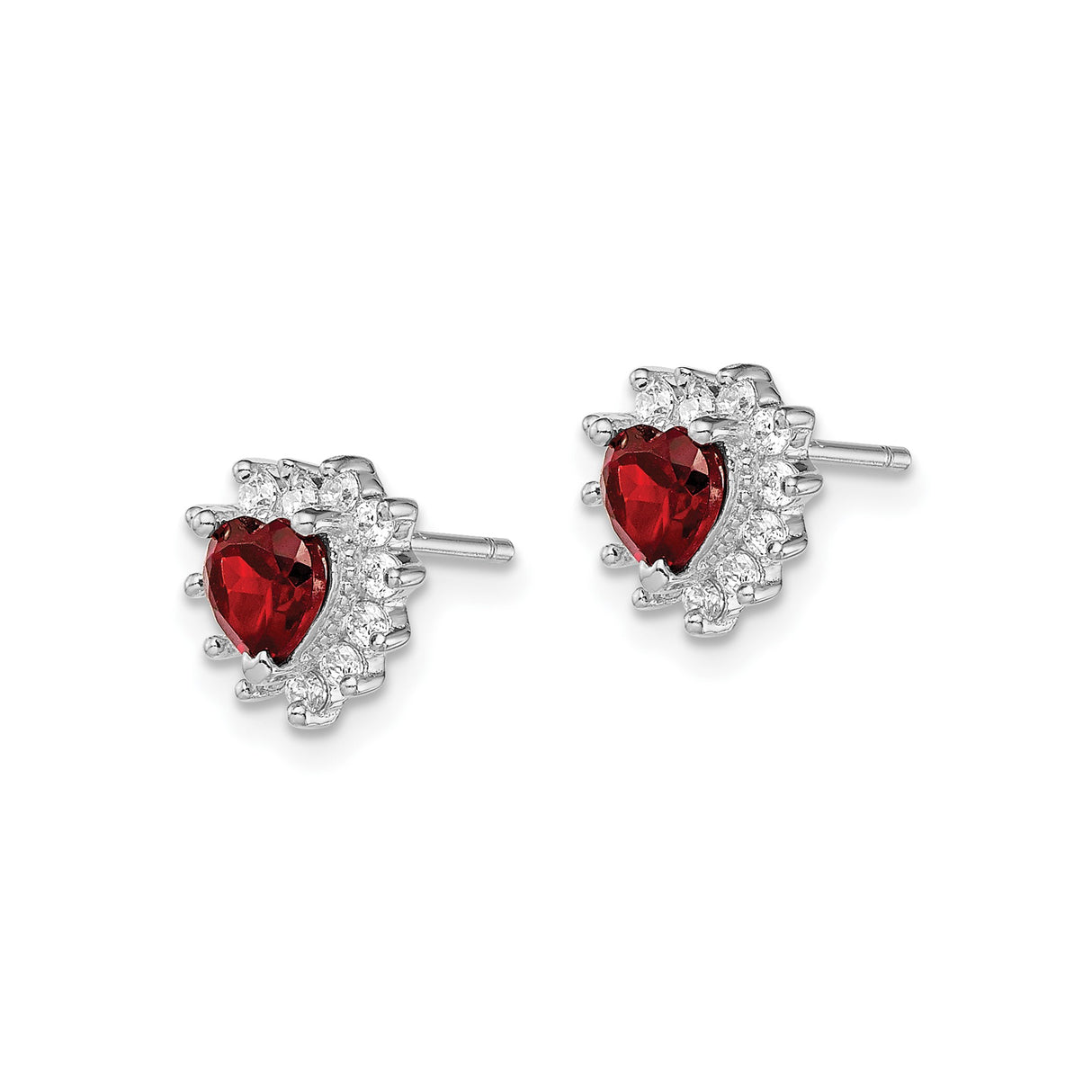 Sterling Silver Heart Shaped Stud Earrings with Garnet Center and Cubic Zirconia Halo