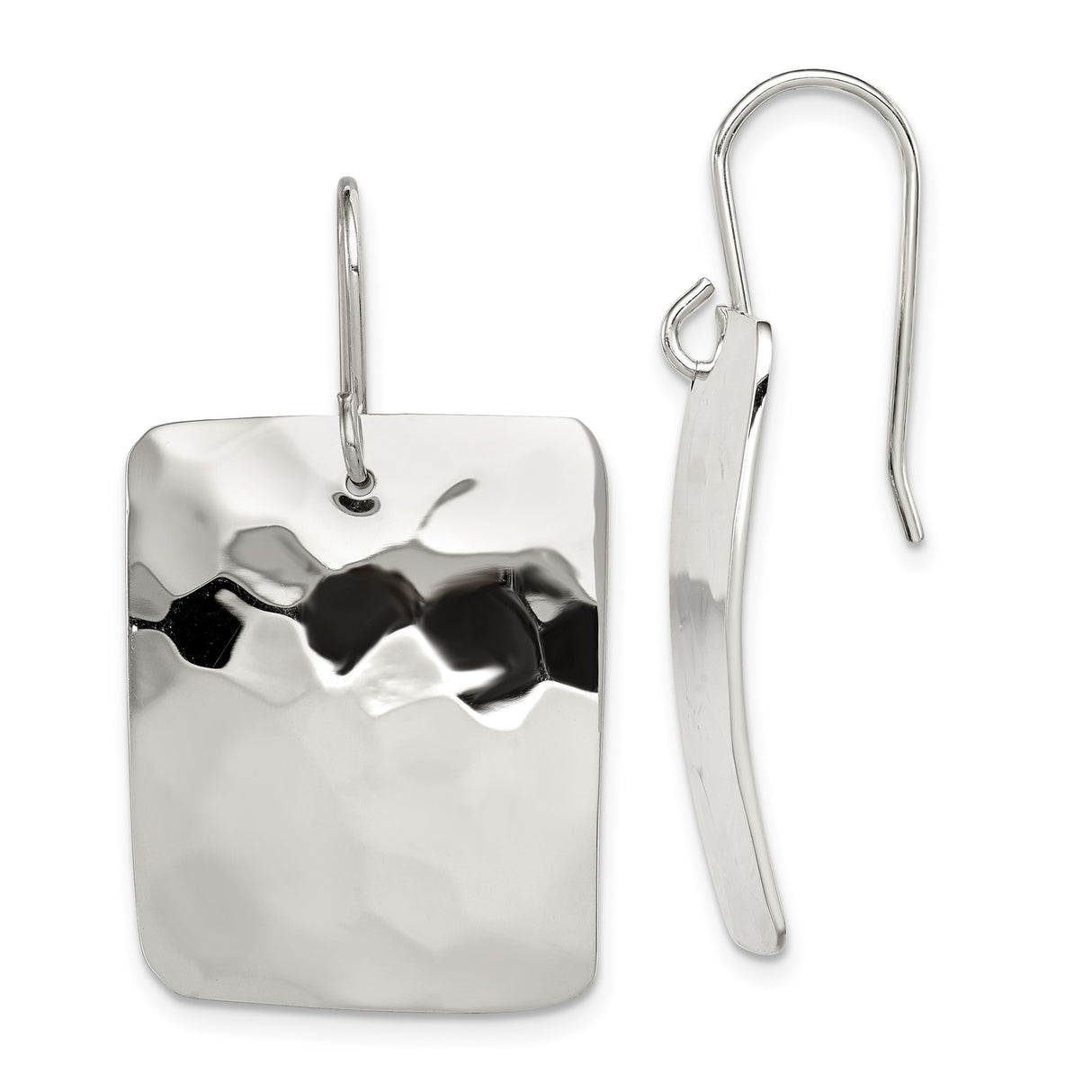 Sterling Silver Rectangle Dangle Earrings with Hammered Texture and High Polish Finish