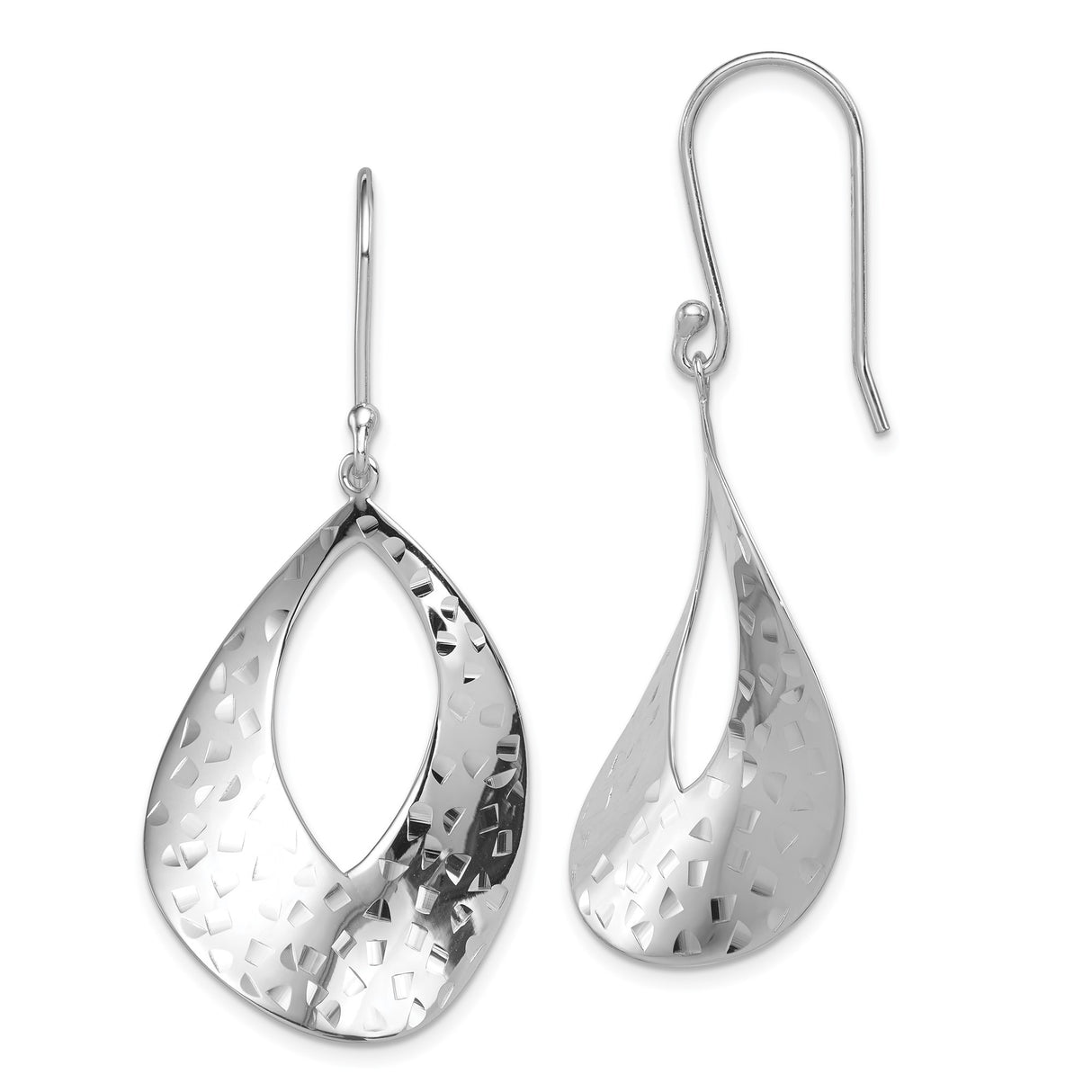 Sterling Silver Teardrop Dangle Earrings with Hammered Texture and Open Cut Design