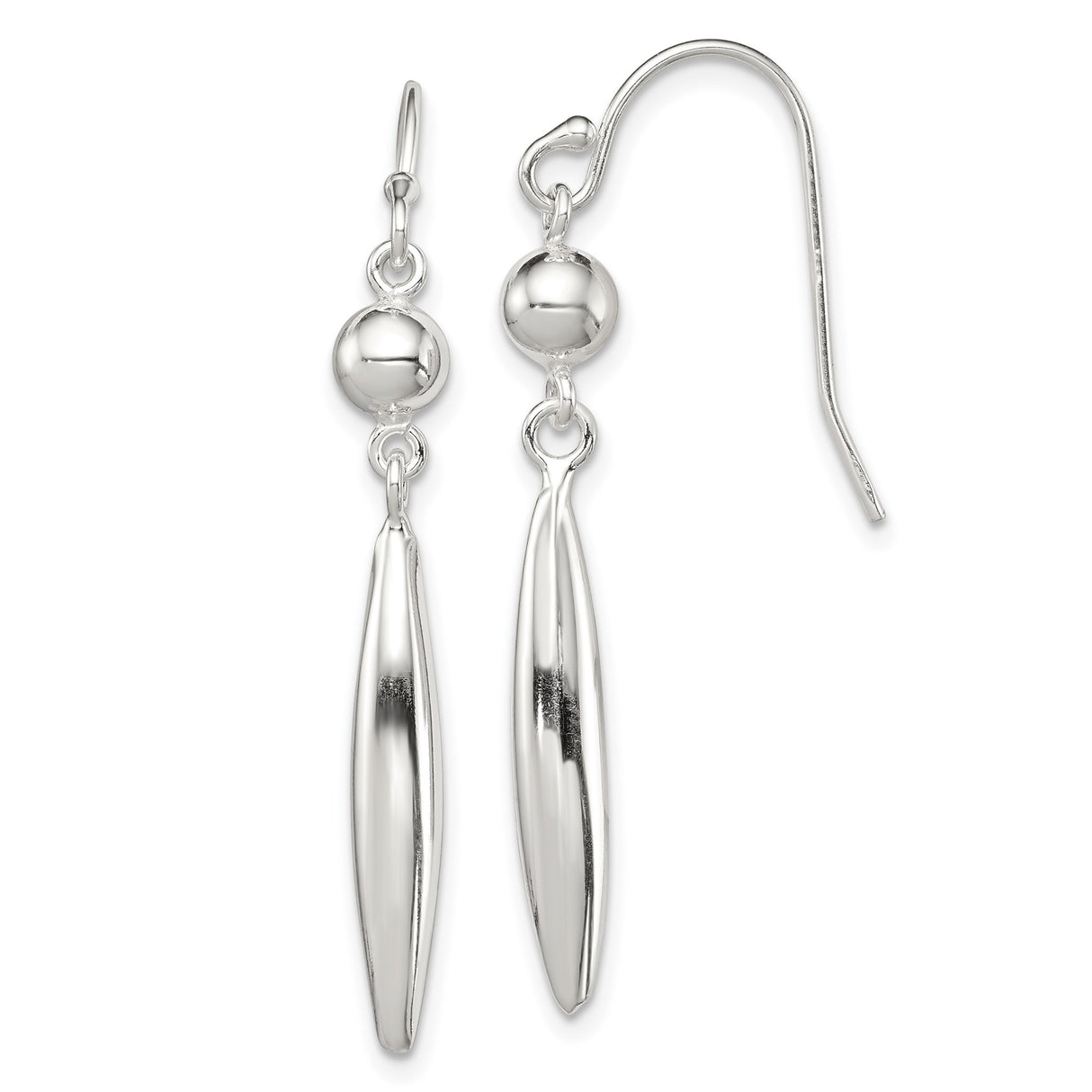 Sterling Silver Drop Earrings with Elongated Teardrop Shape and Polished Bead Accents