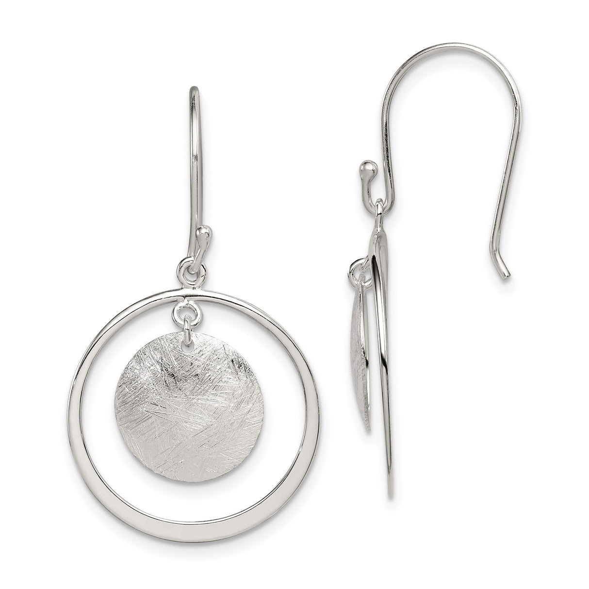 Sterling Silver Dangle Earrings with Textured Disc and Open Circle Design, Modern Minimalist Style