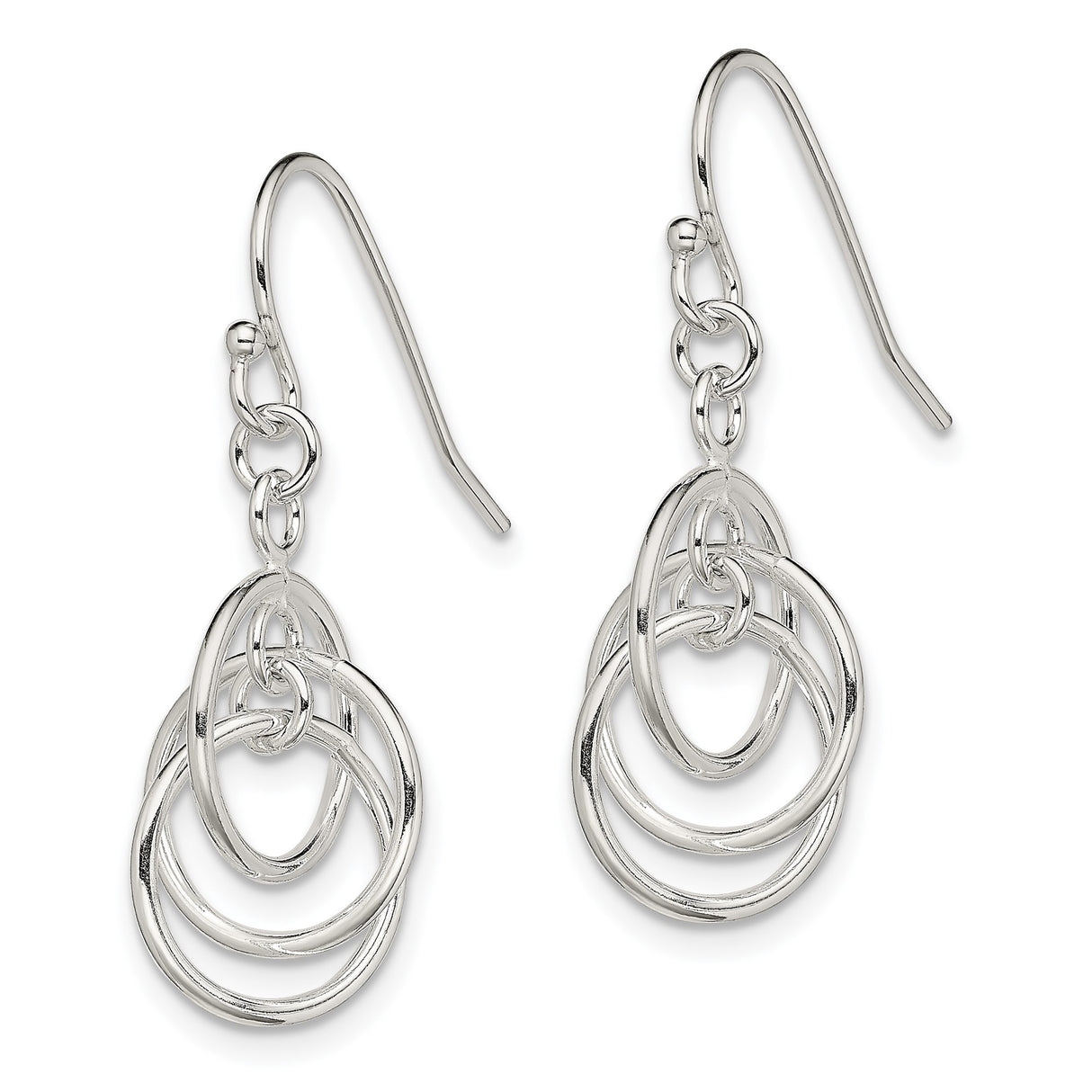 Sterling Silver Dangle Earrings with Interlocking Open Circle Hoops, Geometric Drop Design