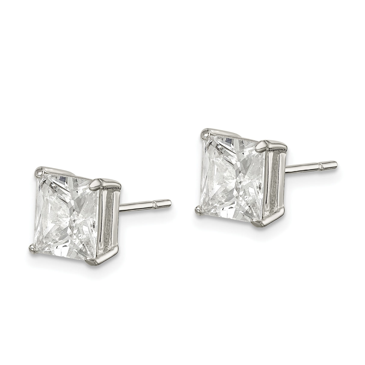 Sterling Silver Stud Earrings with Square Cut Cubic Zirconia, Minimalist Four-Prong Design