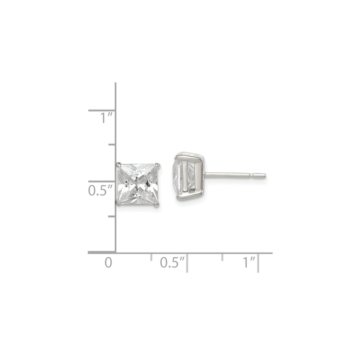 Sterling Silver Stud Earrings with Square Cut Cubic Zirconia, Minimalist Four-Prong Design