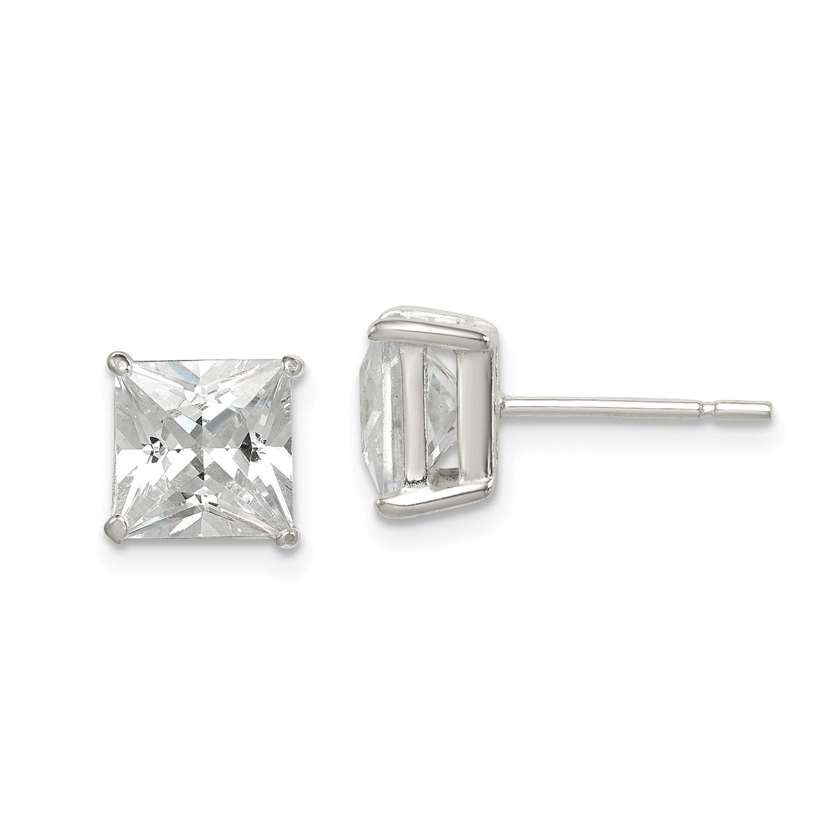 Sterling Silver Stud Earrings with Square Cut Cubic Zirconia, Minimalist Four-Prong Design
