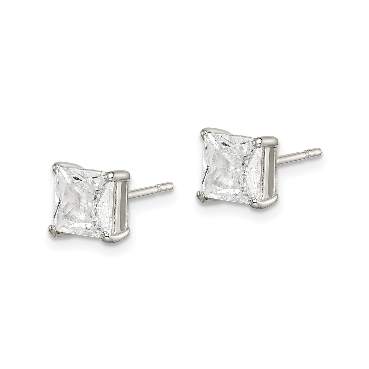 Sterling Silver Stud Earrings with Princess Cut Cubic Zirconia in Four-Prong Setting