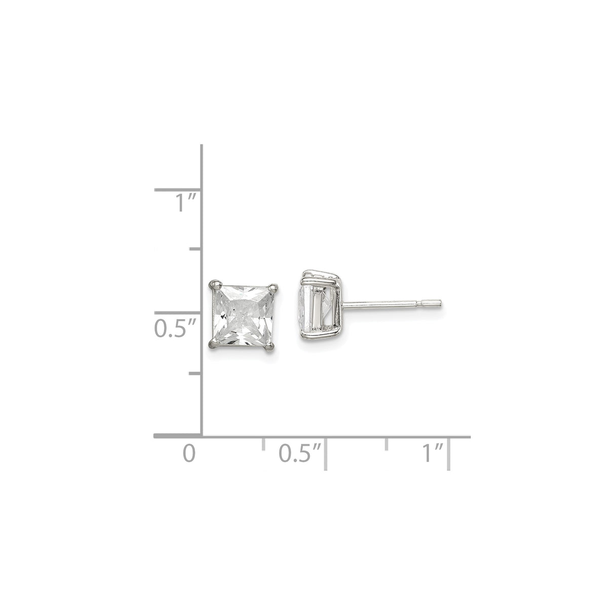 Sterling Silver Stud Earrings with Princess Cut Cubic Zirconia in Four-Prong Setting