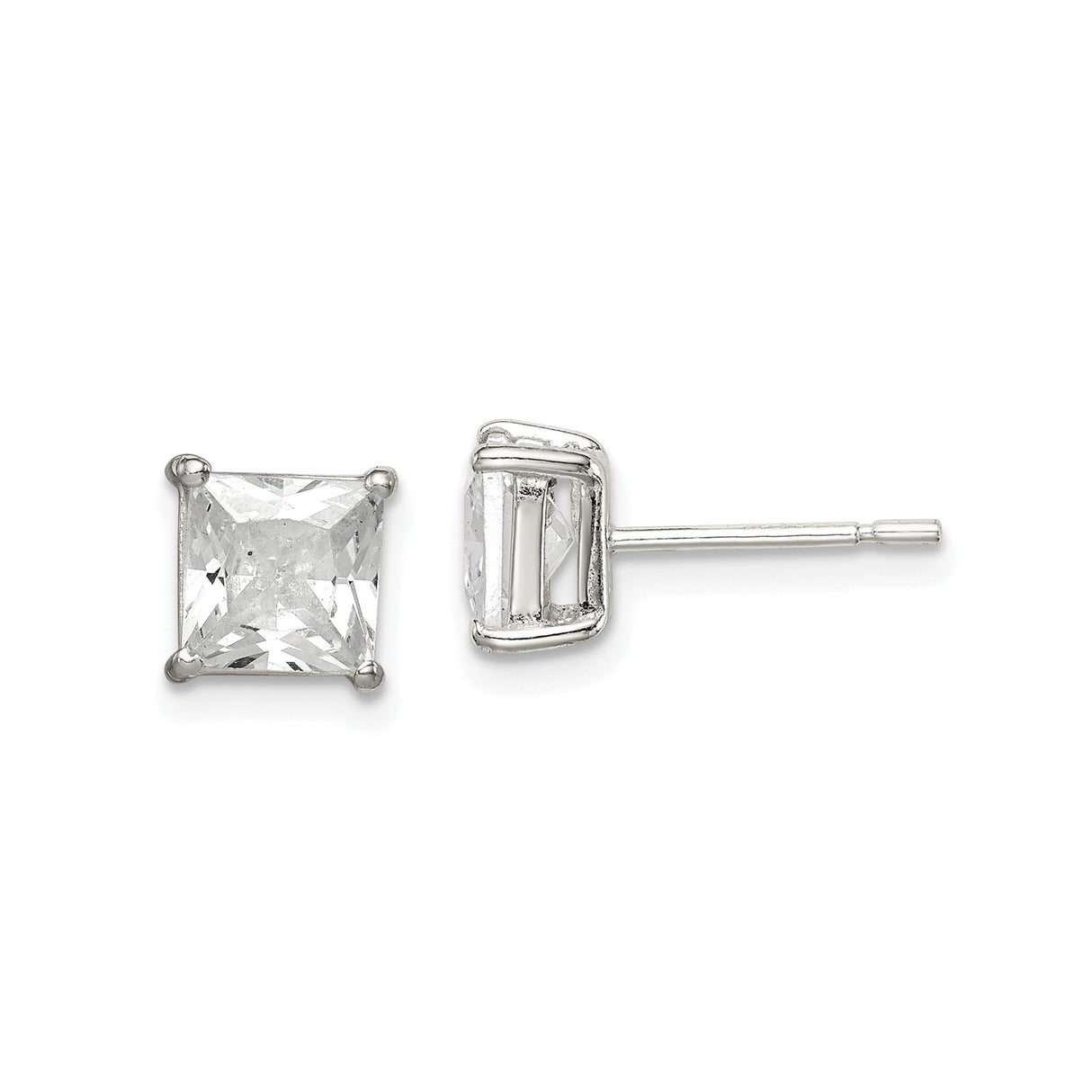 Sterling Silver Stud Earrings with Princess Cut Cubic Zirconia in Four-Prong Setting