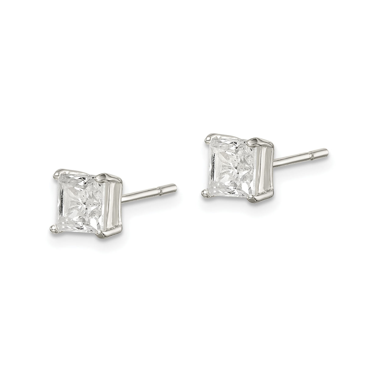 Sterling Silver Stud Earrings with Square Cut Cubic Zirconia in Classic Four Prong Setting