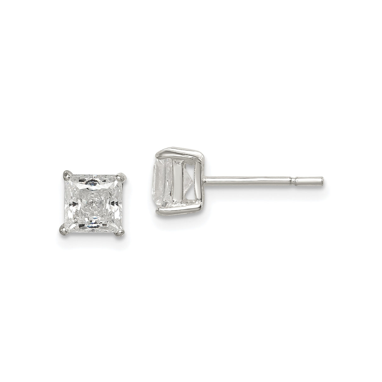 Sterling Silver Stud Earrings with Square Cut Cubic Zirconia in Classic Four Prong Setting