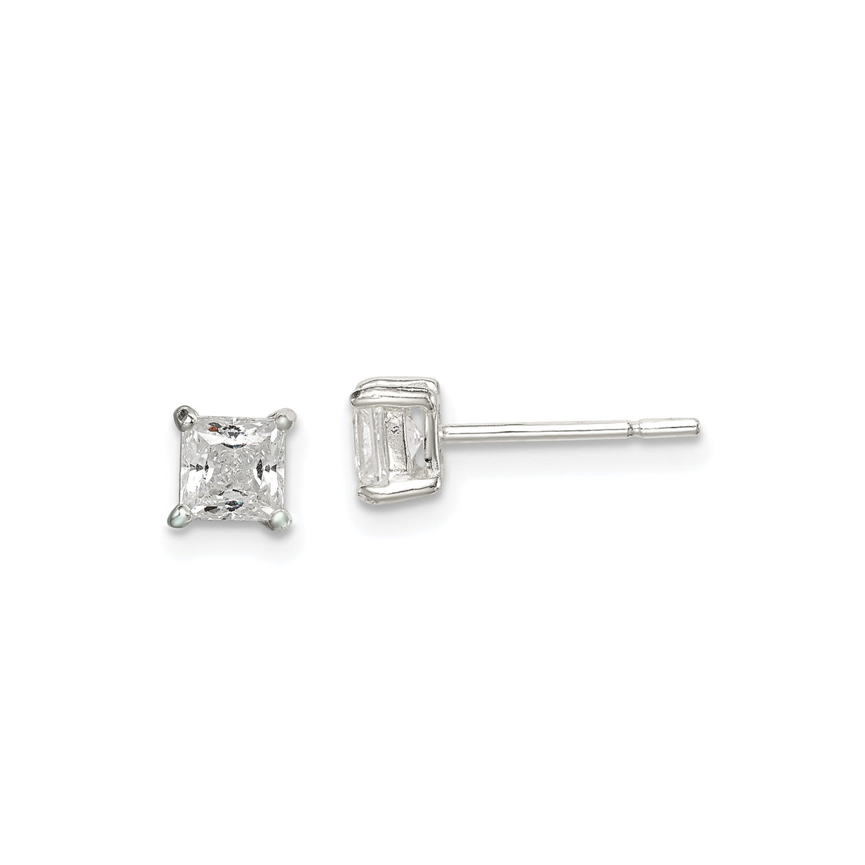 Sterling Silver Stud Earrings with Princess Cut Cubic Zirconia, Square Minimalist Design