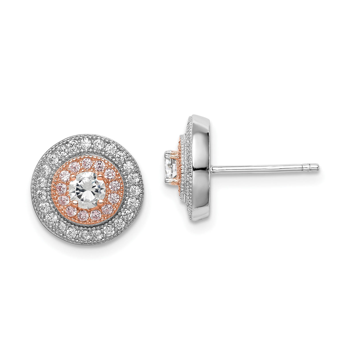 Sterling Silver Halo Stud Earrings with Cubic Zirconia and Rose Accents