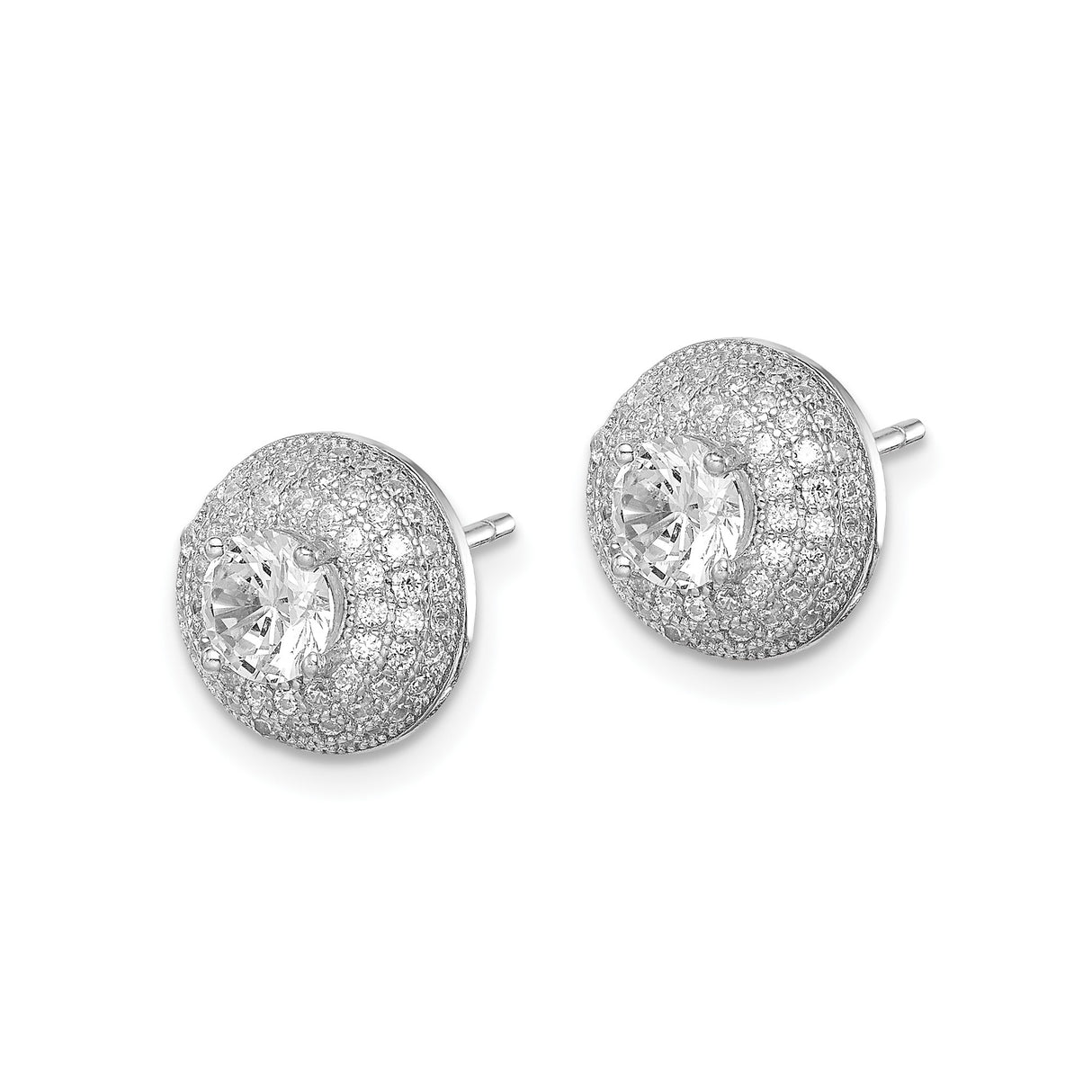 Sterling Silver Stud Earrings with Large Clear Cubic Zirconia and Multi-Row Pavé Design