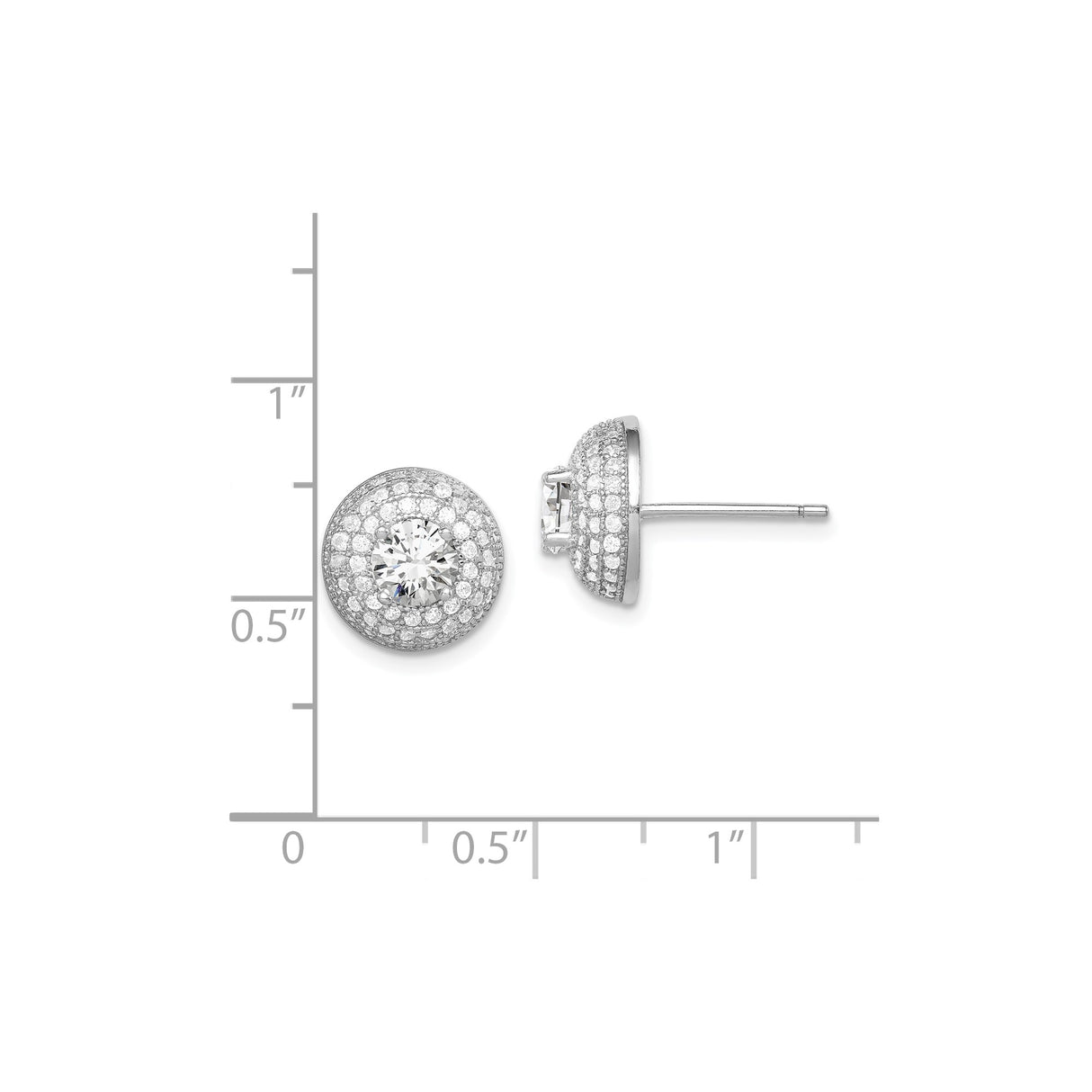 Sterling Silver Stud Earrings with Large Clear Cubic Zirconia and Multi-Row Pavé Design