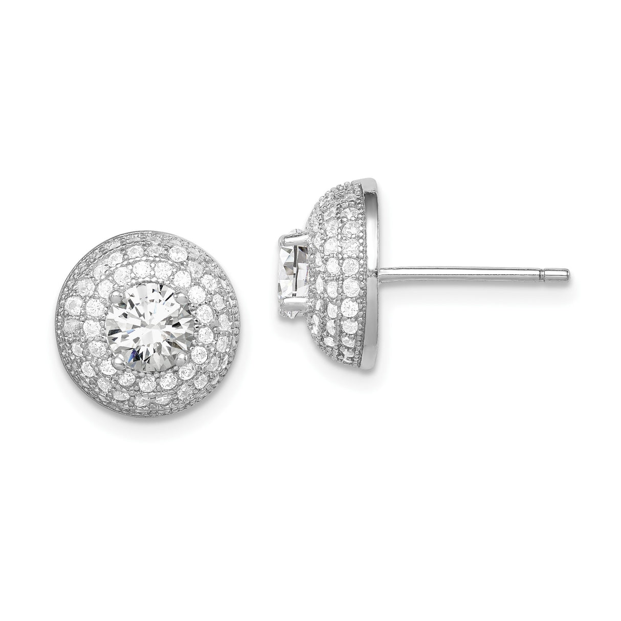 Sterling Silver Stud Earrings with Large Clear Cubic Zirconia and Multi-Row Pavé Design