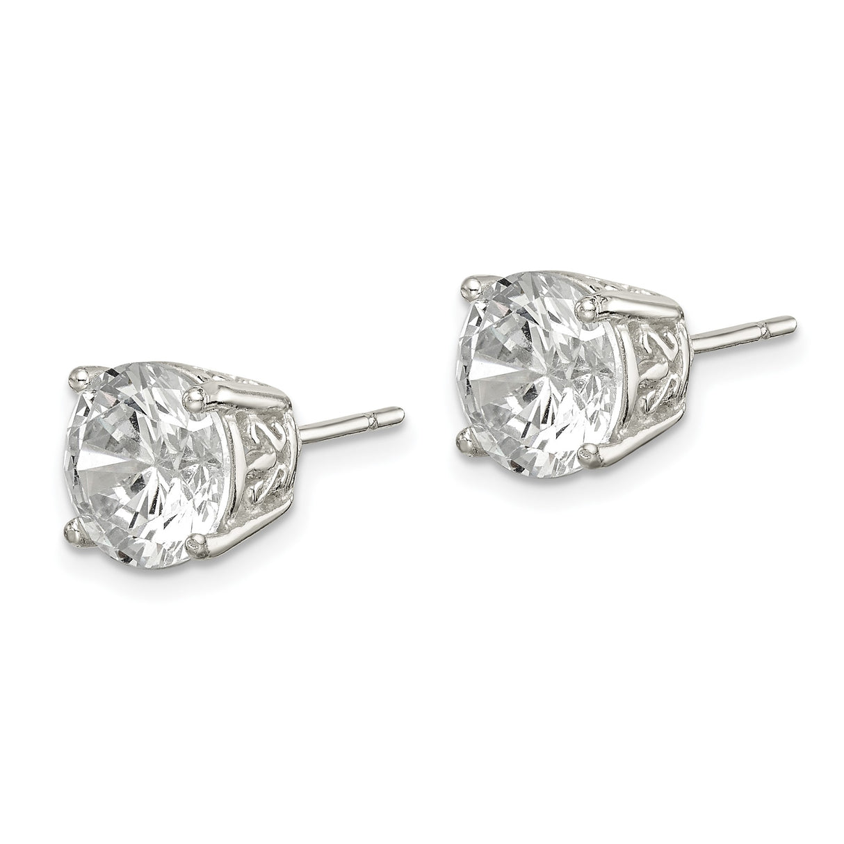 Sterling Silver Stud Earrings with Round Cut Cubic Zirconia, Four Prong Basket Setting, Filigree Detail