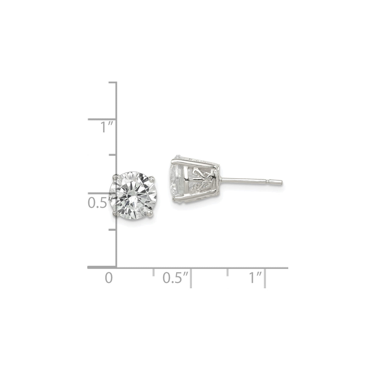 Sterling Silver Stud Earrings with Round Cut Cubic Zirconia, Four Prong Basket Setting, Filigree Detail