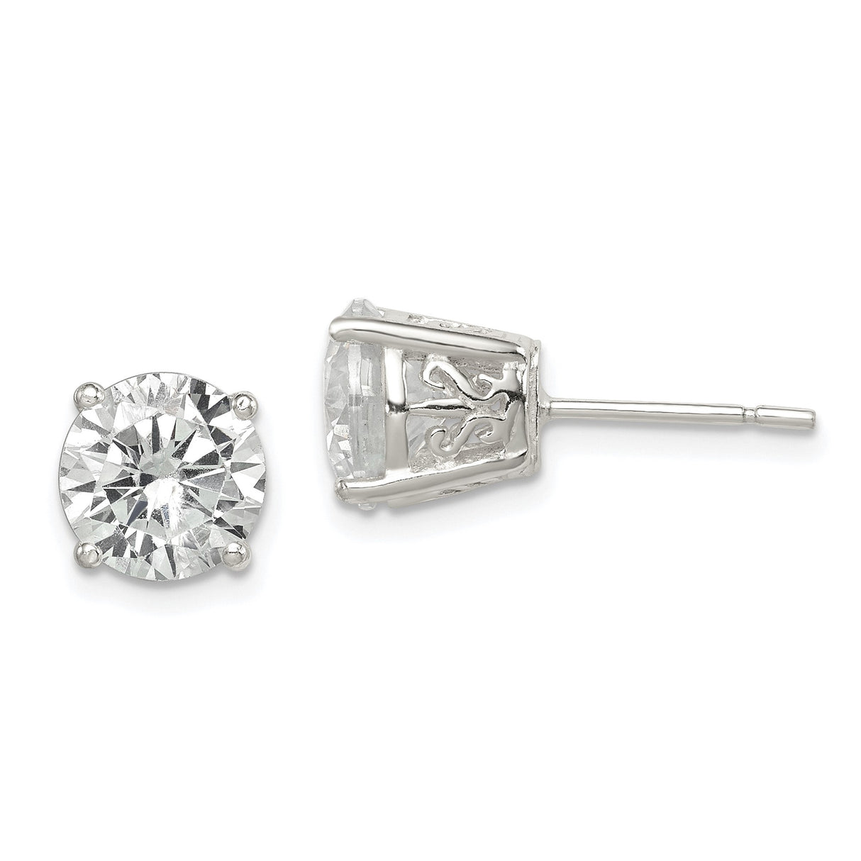Sterling Silver Stud Earrings with Round Cut Cubic Zirconia, Four Prong Basket Setting, Filigree Detail