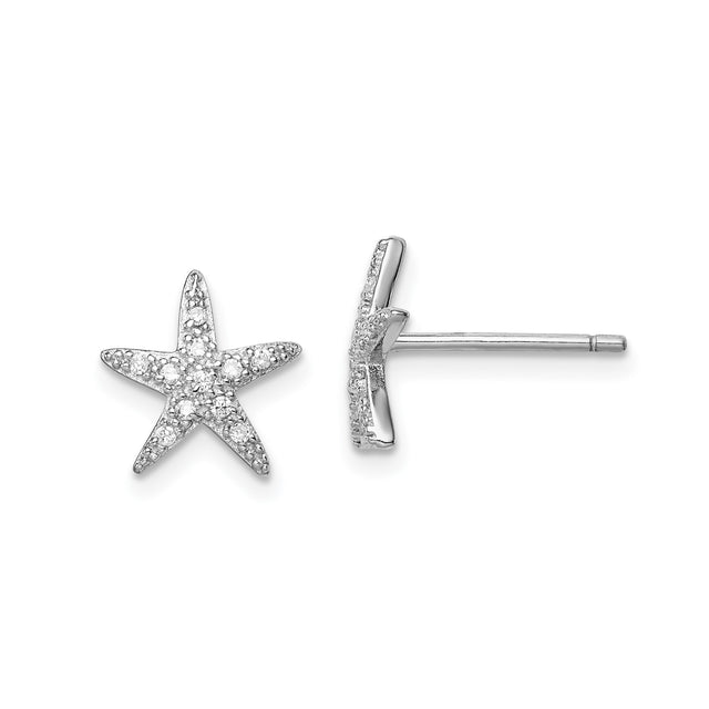Sterling Silver Starfish Stud Earrings with Cubic Zirconia, Nautical Ocean Theme