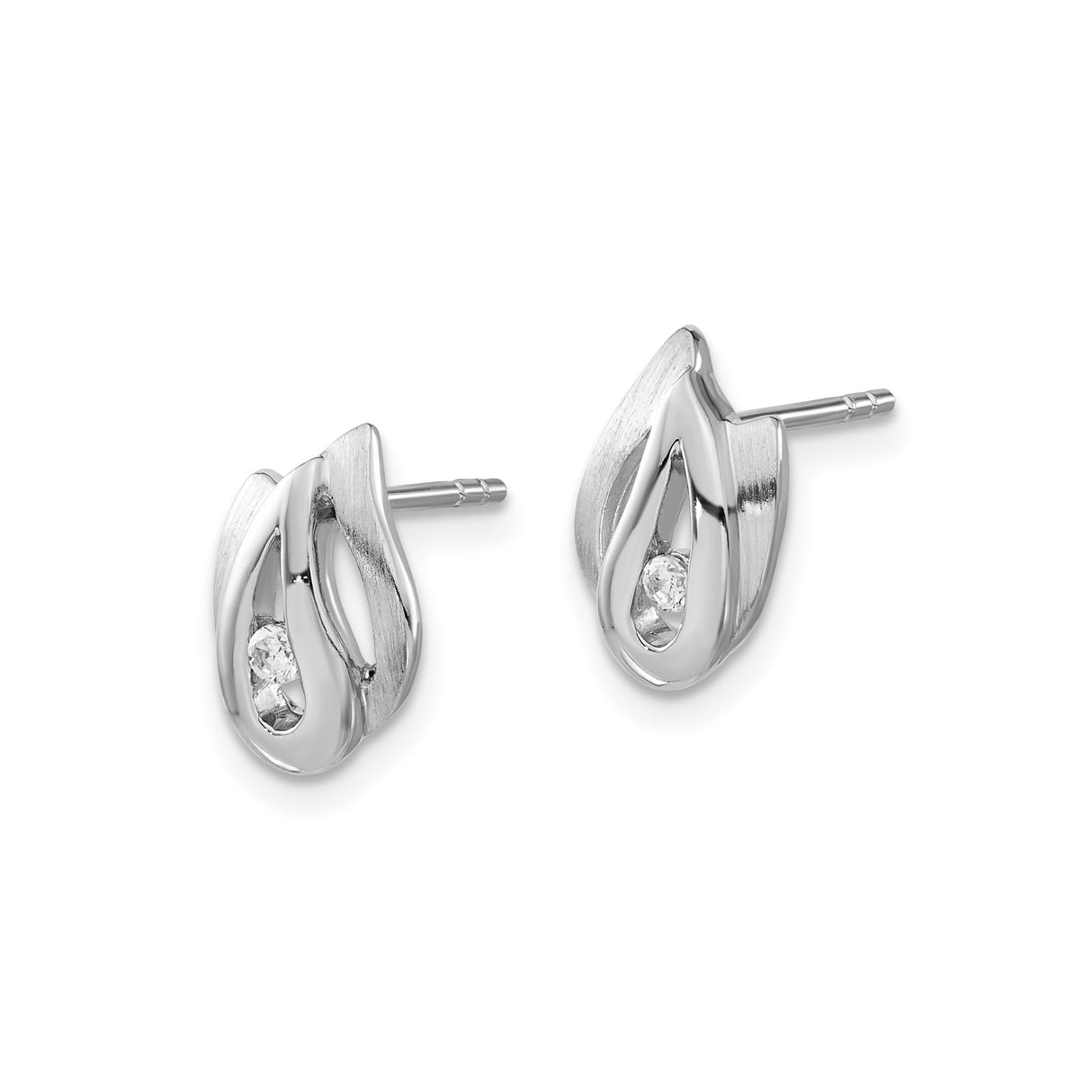 Sterling Silver Stud Earrings with Round Cubic Zirconia, Abstract Flame Petal Design