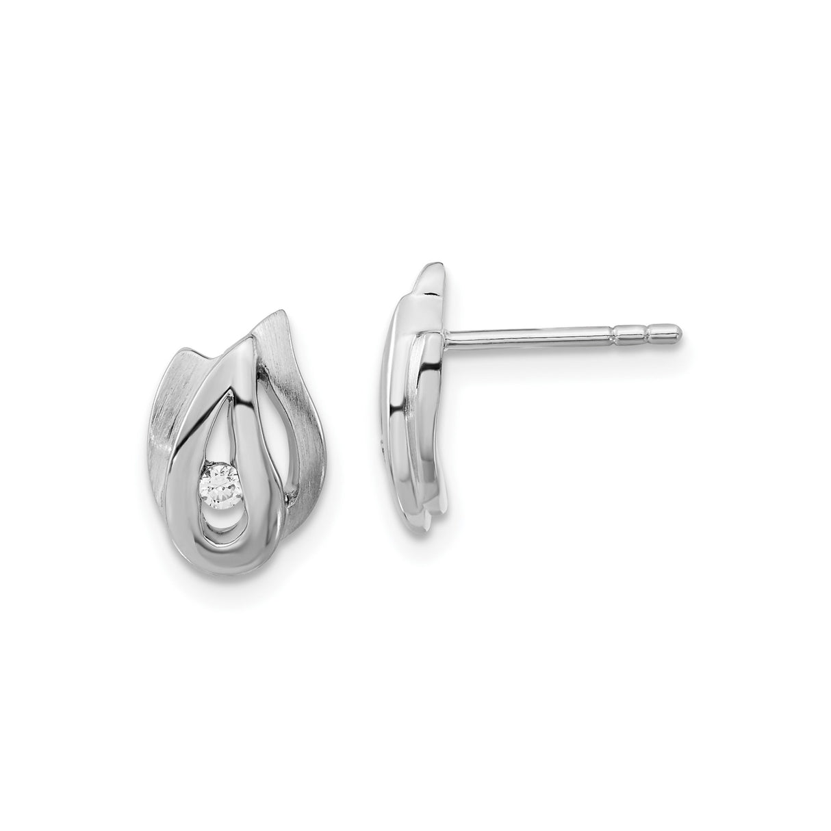 Sterling Silver Stud Earrings with Round Cubic Zirconia, Abstract Flame Petal Design