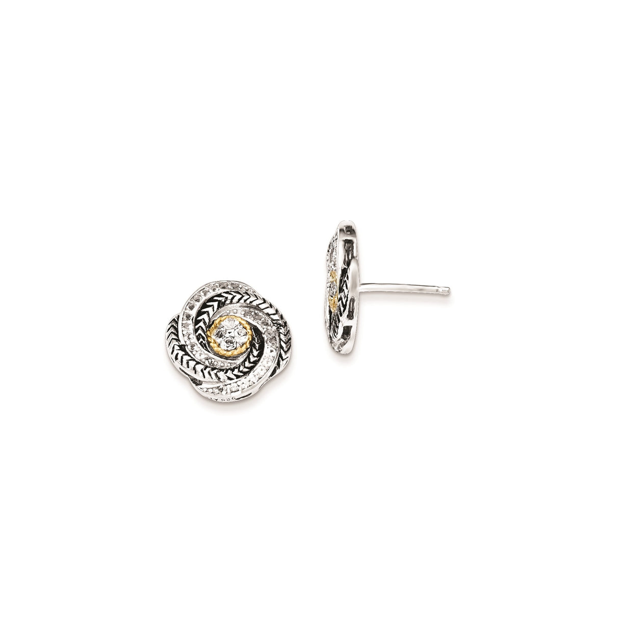 14k Yellow Gold Knot Stud Earrings with Cubic Zirconia, Two-Tone Textured Twist Design