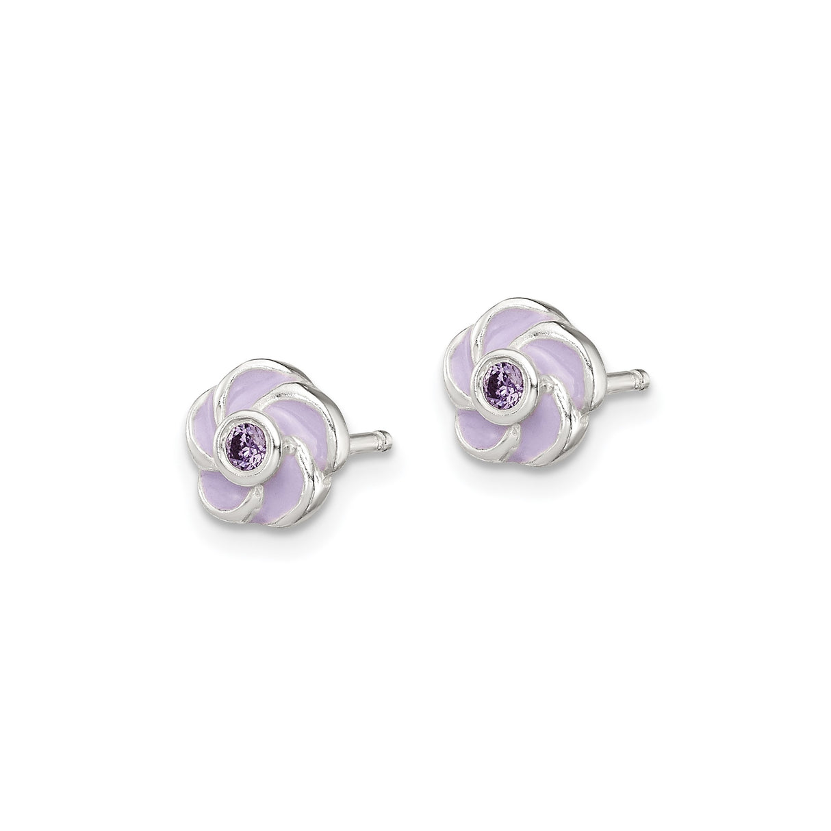 Sterling Silver Flower Stud Earrings with Lavender Enamel and Cubic Zirconia Center