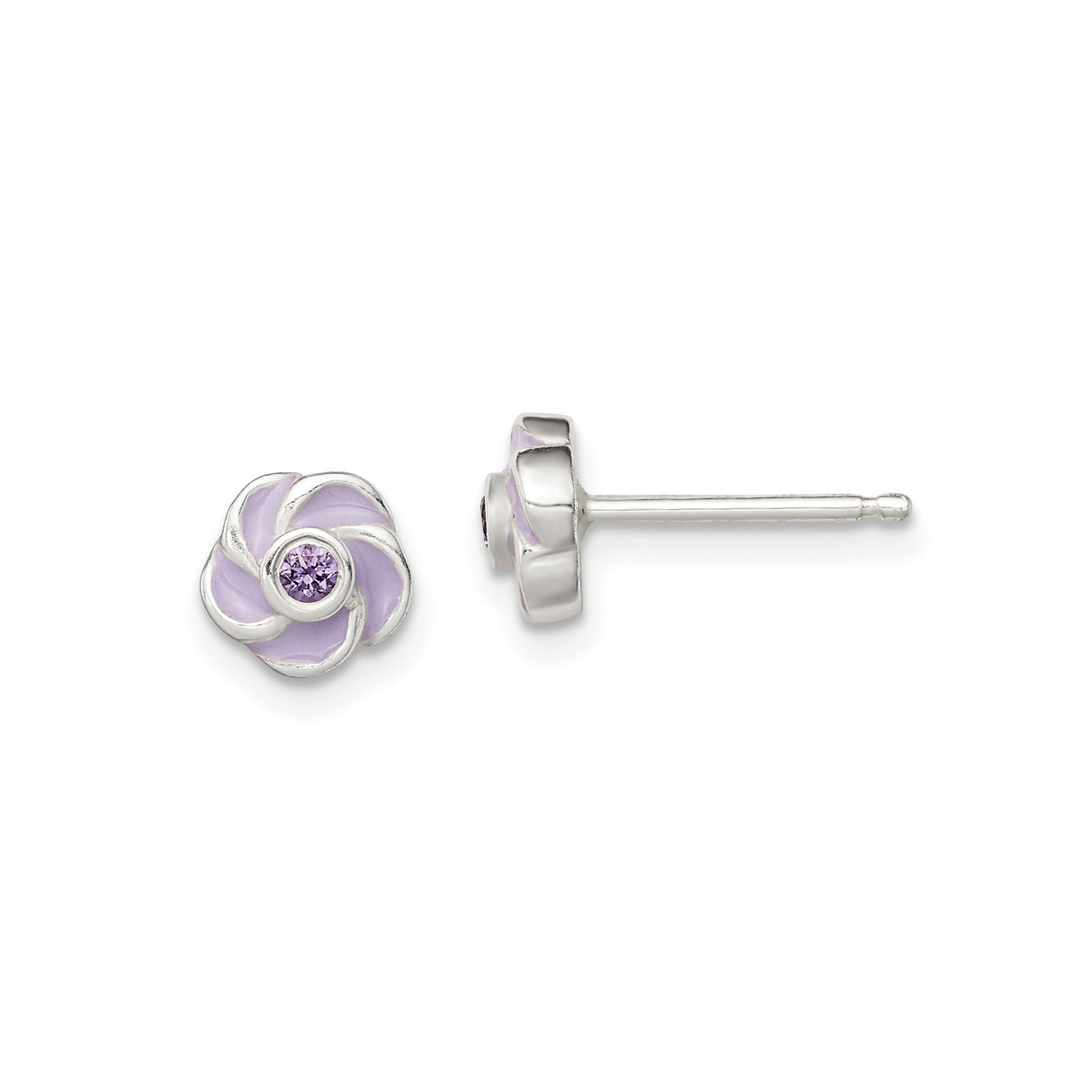 Sterling Silver Flower Stud Earrings with Lavender Enamel and Cubic Zirconia Center