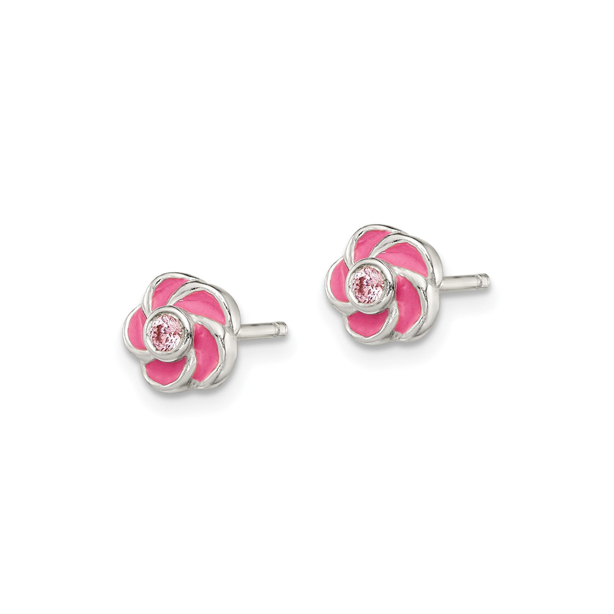 Sterling Silver Flower Stud Earrings with Pink Enamel and Cubic Zirconia Center, for Girls or Teens