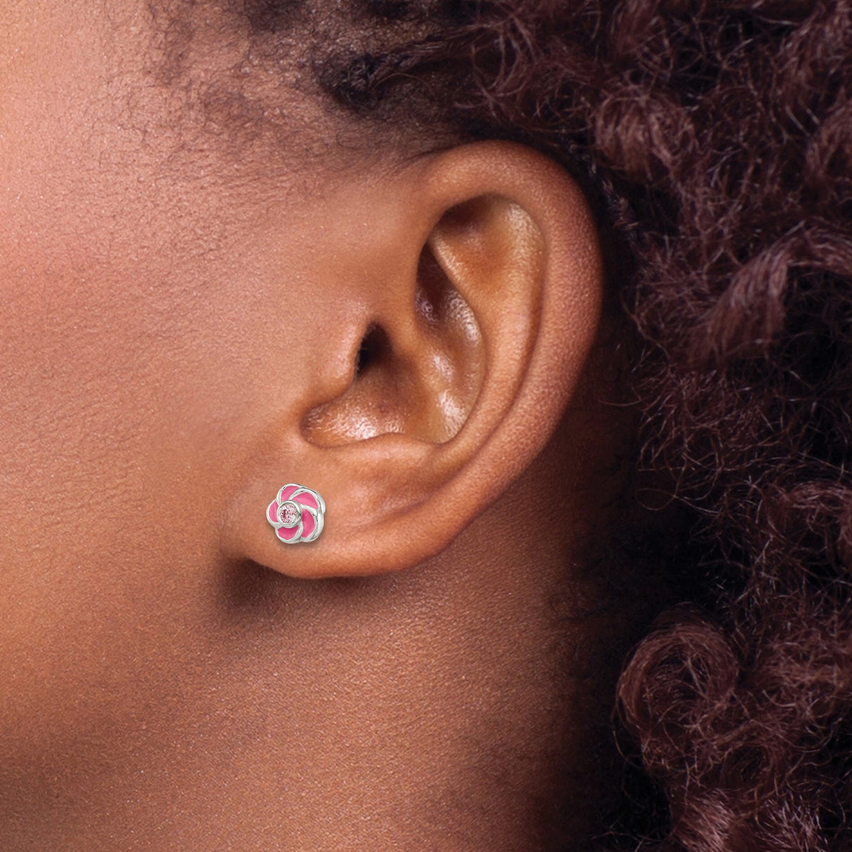 Sterling Silver Flower Stud Earrings with Pink Enamel and Cubic Zirconia Center, for Girls or Teens