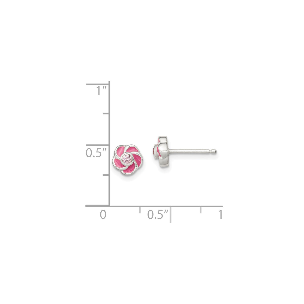 Sterling Silver Flower Stud Earrings with Pink Enamel and Cubic Zirconia Center, for Girls or Teens