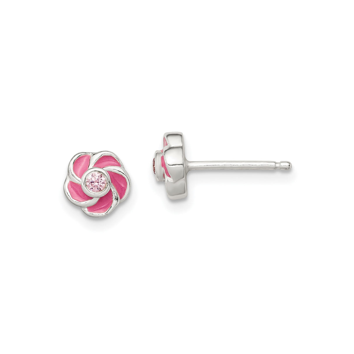 Sterling Silver Flower Stud Earrings with Pink Enamel and Cubic Zirconia Center, for Girls or Teens