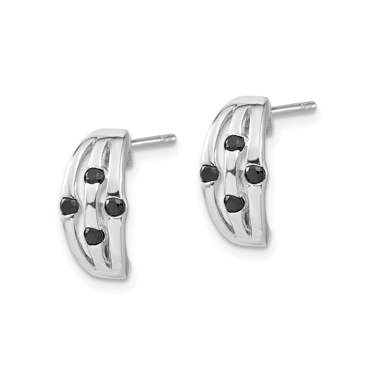 Sterling Silver Hoop Earrings with Three Black Cubic Zirconia, Geometric Minimalist Design for Men