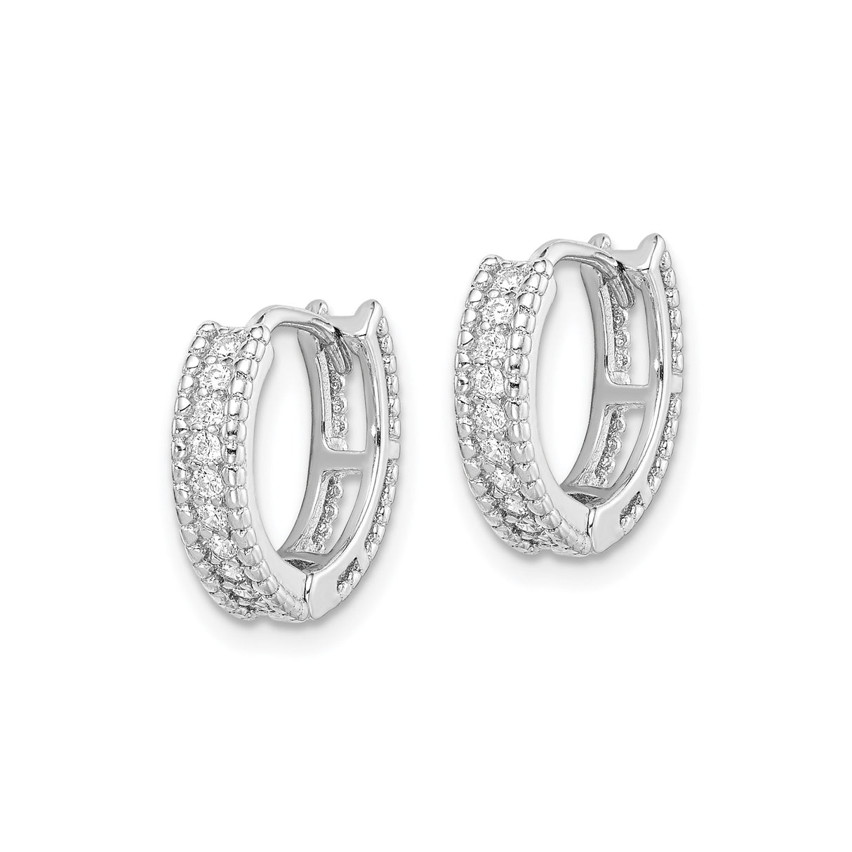 Sterling Silver Hoop Earrings with Cubic Zirconia, Beaded Edge Huggie Style, Click-Top Closure
