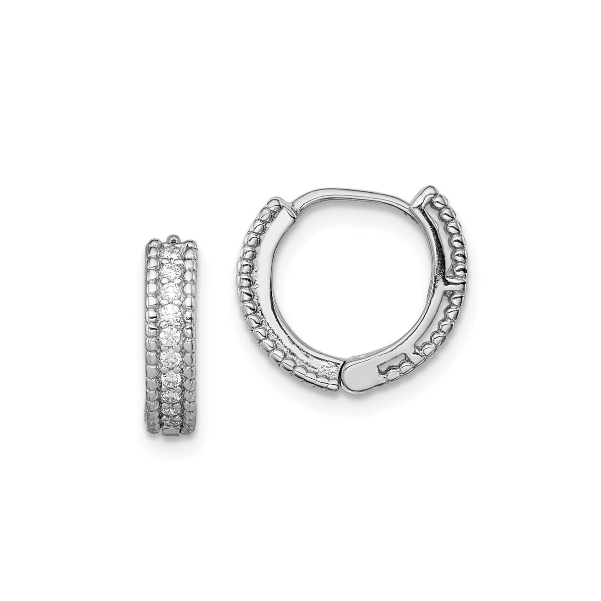 Sterling Silver Hoop Earrings with Cubic Zirconia, Beaded Edge Huggie Style, Click-Top Closure