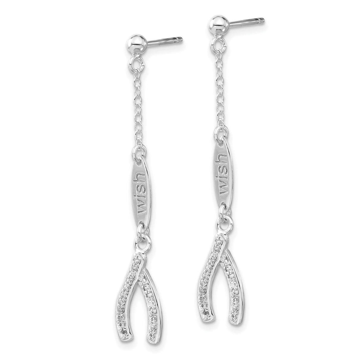 Sterling Silver Wishbone Dangle Earrings with Cubic Zirconia and Vertical Tag Charm
