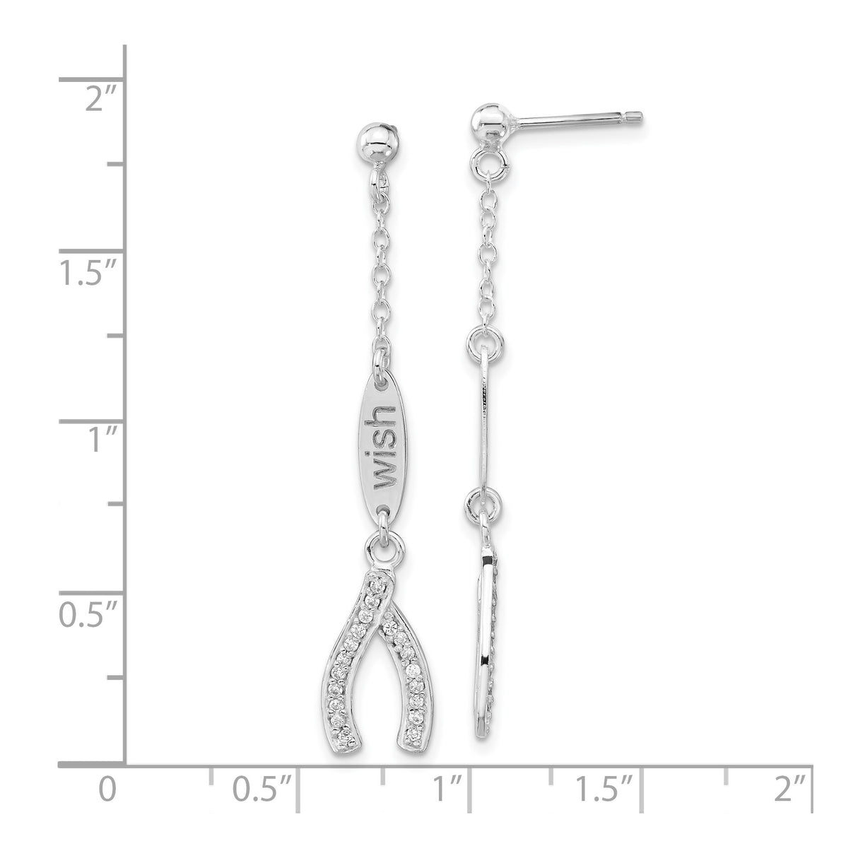 Sterling Silver Wishbone Dangle Earrings with Cubic Zirconia and Vertical Tag Charm