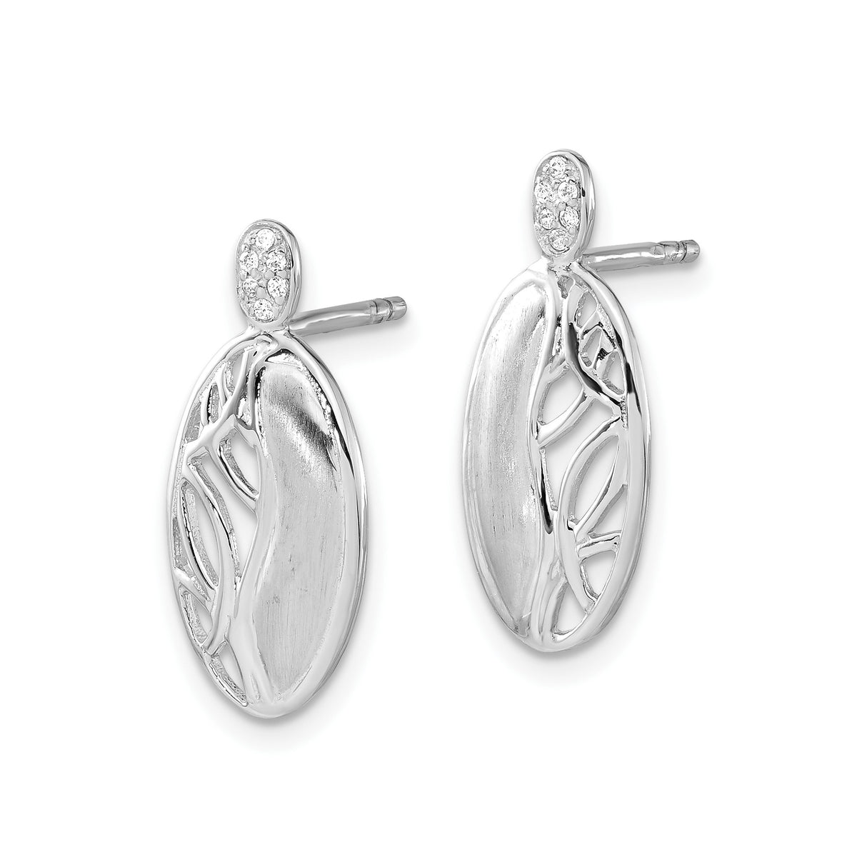 Sterling Silver Oval Stud Earrings with Cubic Zirconia, Openwork Leaf Design, Nature Inspired