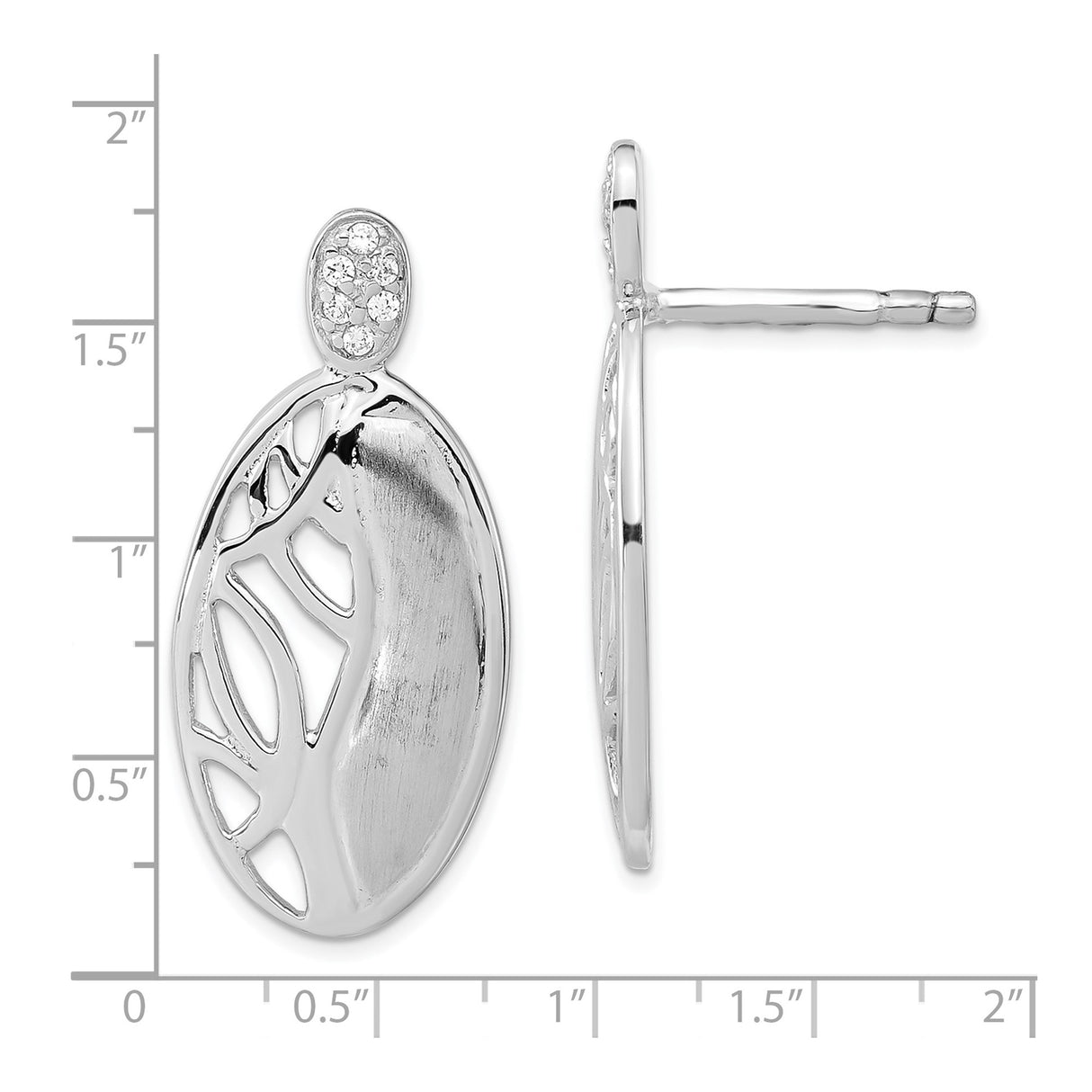 Sterling Silver Oval Stud Earrings with Cubic Zirconia, Openwork Leaf Design, Nature Inspired