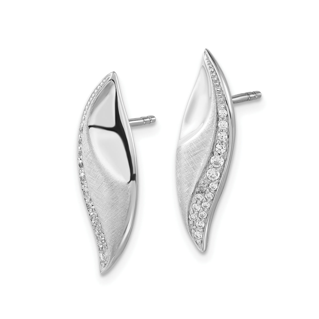 Sterling Silver Stud Earrings with Cubic Zirconia, Leaf Design, Brushed and Polished Finish