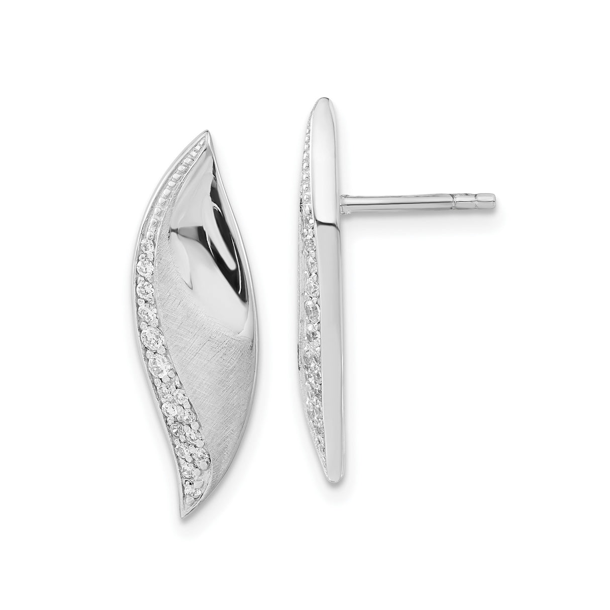 Sterling Silver Stud Earrings with Cubic Zirconia, Leaf Design, Brushed and Polished Finish