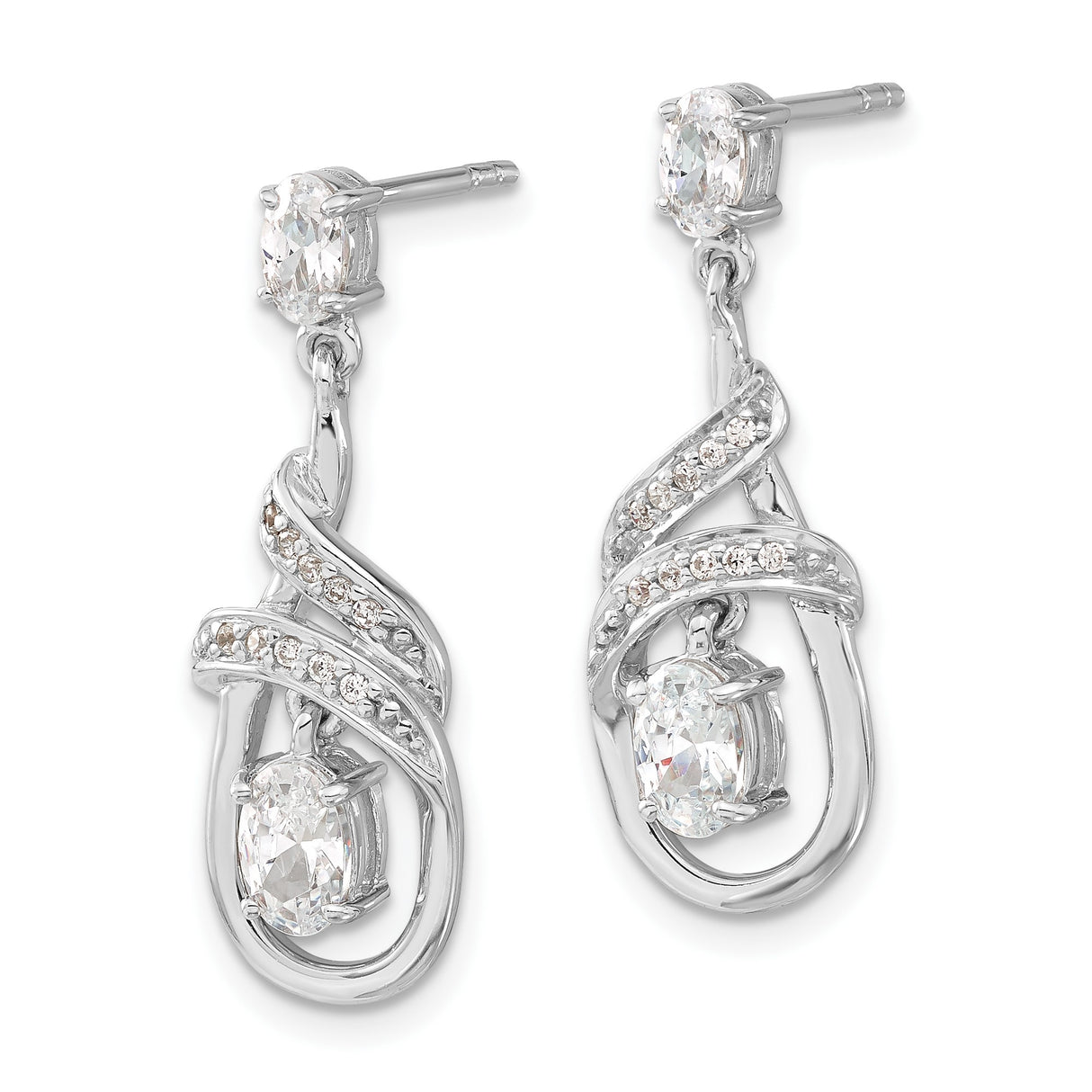 Sterling Silver Dangle Earrings with Cubic Zirconia, Swirl Design, Oval Cut Drop Style