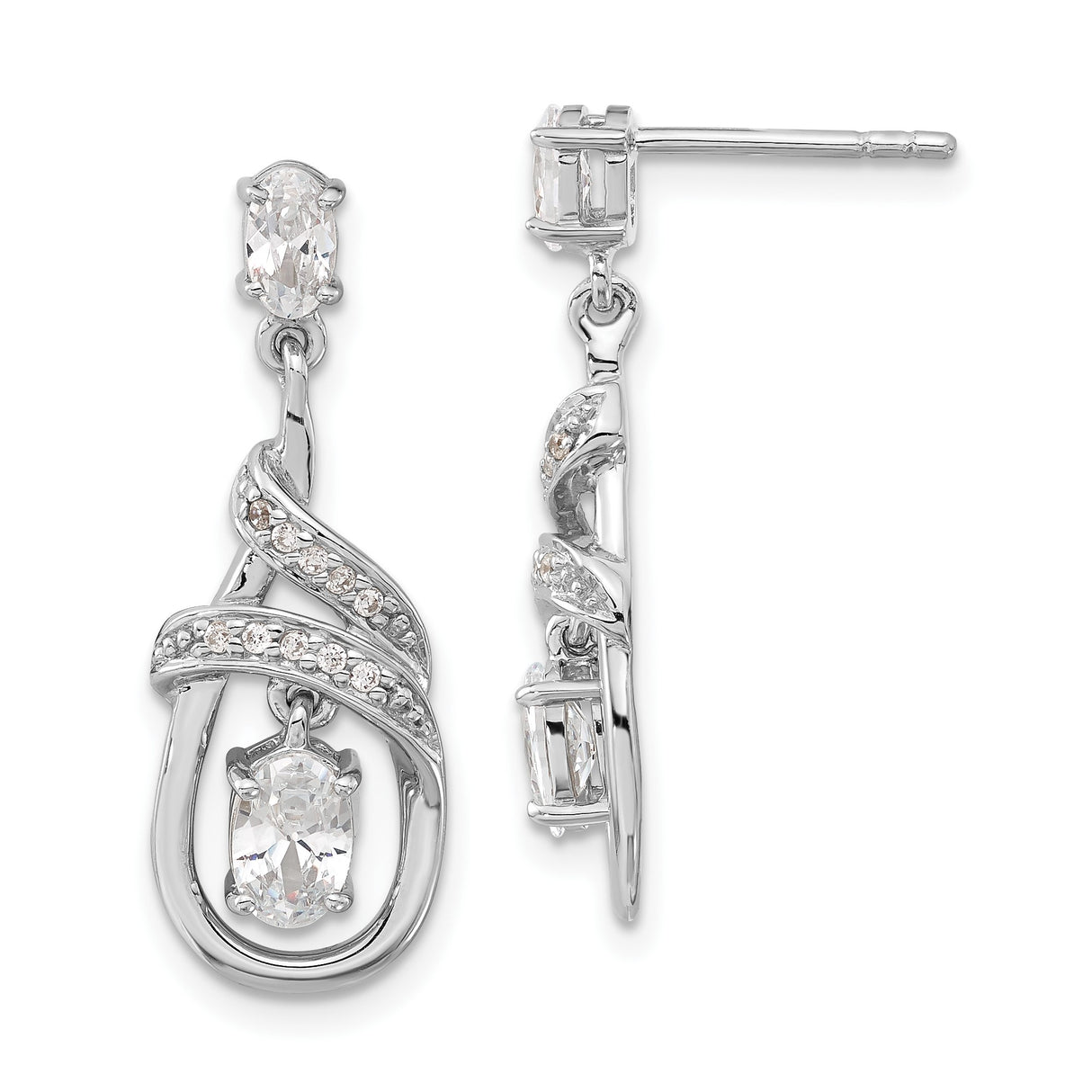 Sterling Silver Dangle Earrings with Cubic Zirconia, Swirl Design, Oval Cut Drop Style