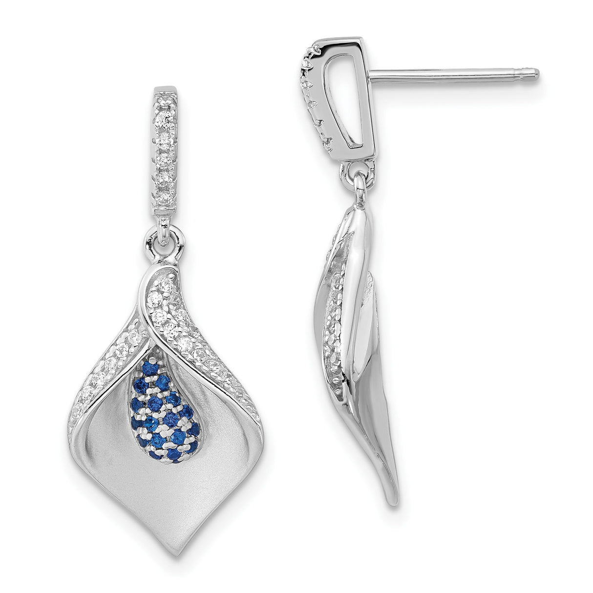Sterling Silver Drop Earrings with Blue and White Cubic Zirconia, Floral Teardrop Design