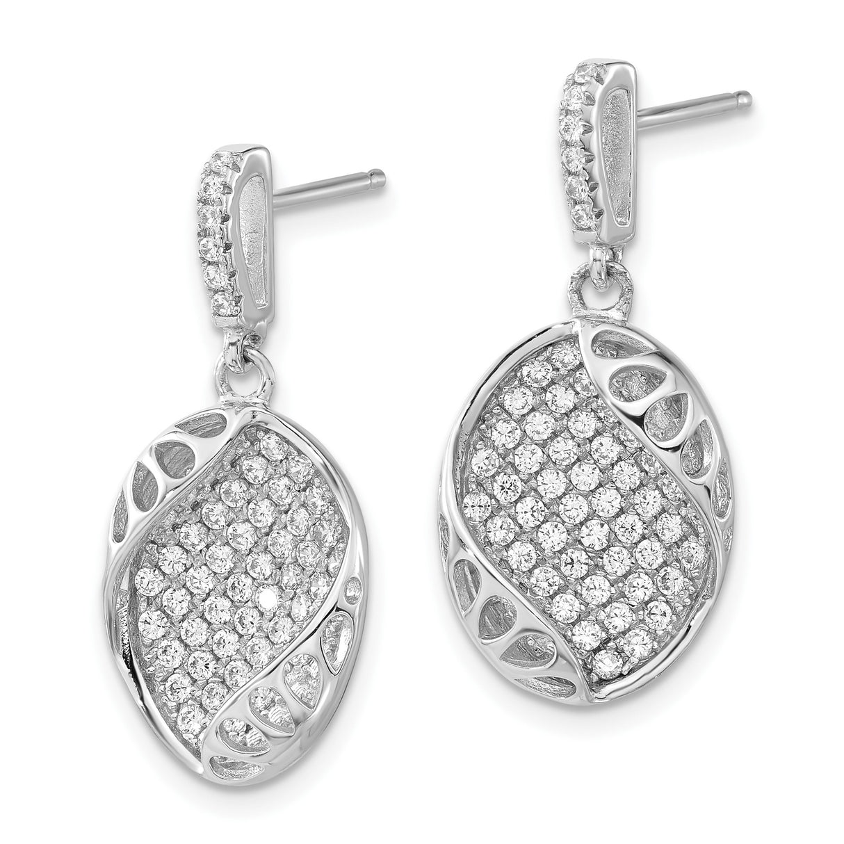 Sterling Silver Drop Earrings with Cubic Zirconia Pavé, Oval Cutout and Leaf Motif Design