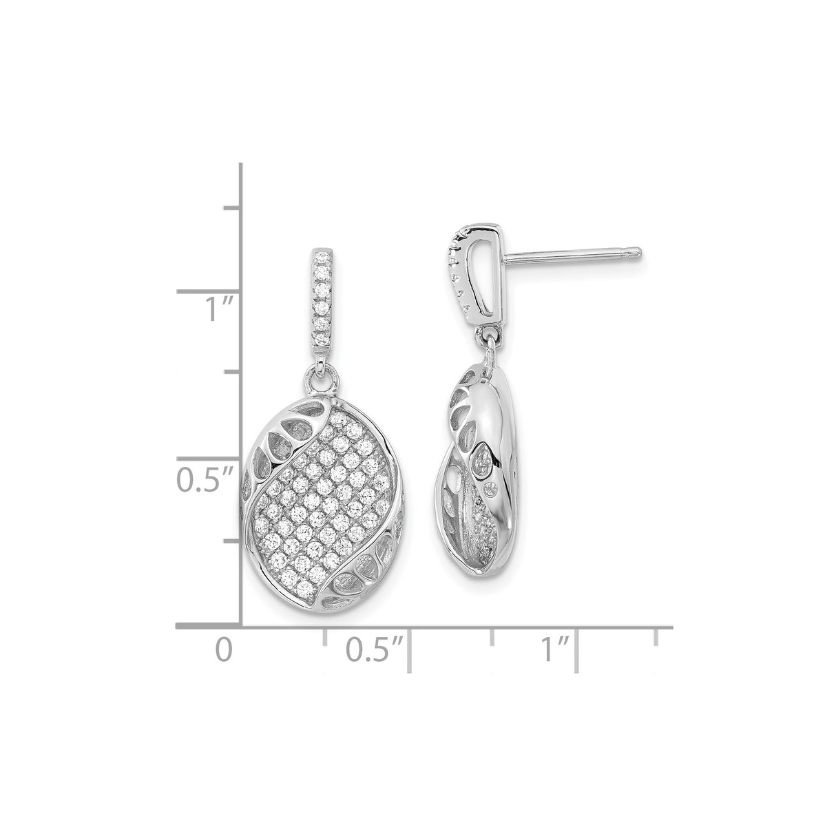 Sterling Silver Drop Earrings with Cubic Zirconia Pavé, Oval Cutout and Leaf Motif Design